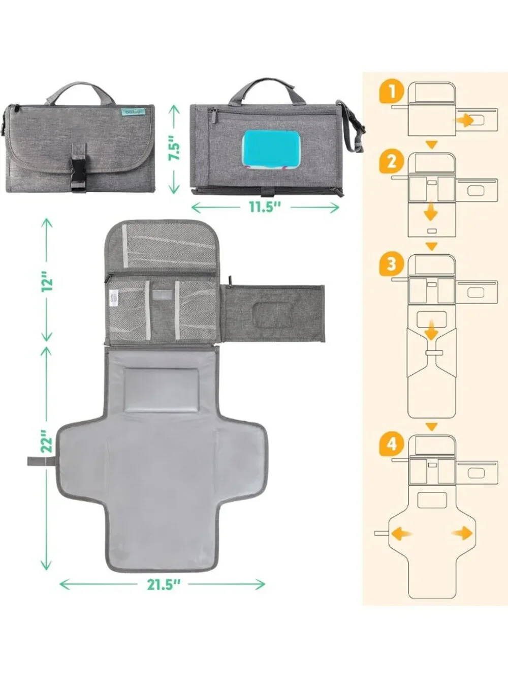 Portable Baby Diaper Changing Pad & Travel Bag with Wipes Pocket - Grey
